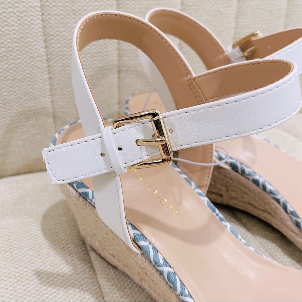 NEW Tommy Hilfiger Blue White Monogram Espadrille Wedge Sandals Womens 11 Buckle - Picture 4 of 5